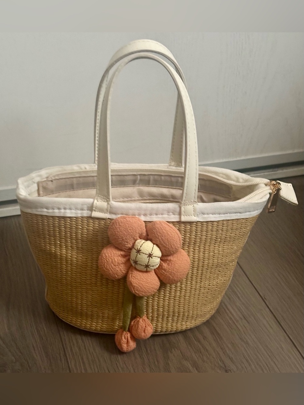 Straw Tote Bag with Peach Flower Accent - White Trim